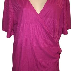 Worthington Wrap Ribbed Belted Blouse in Fuchsia Short Sleeve